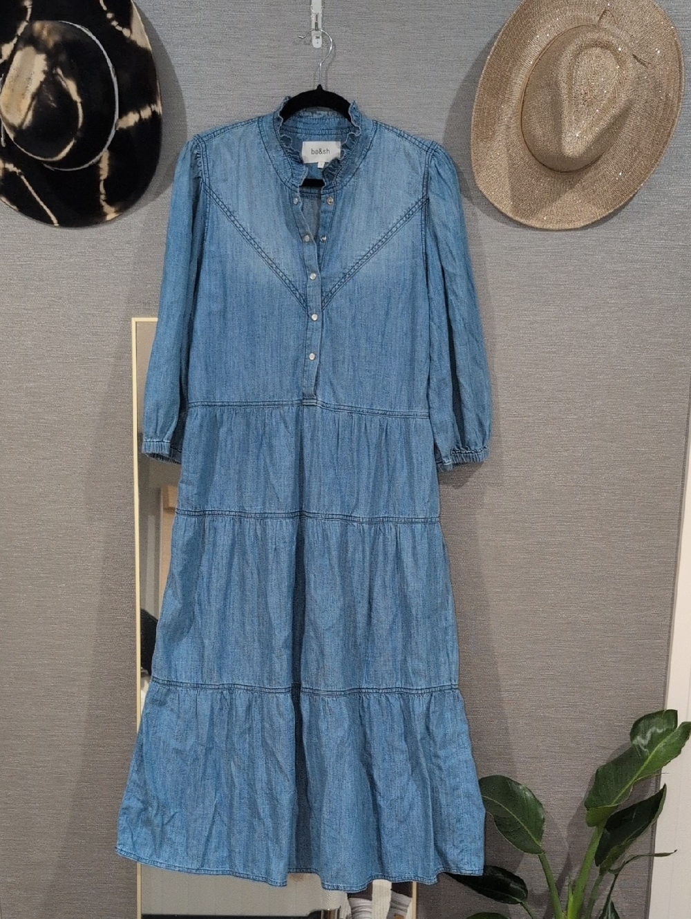 Ba&sh Light Blue Denim Tiered Maxi Dress